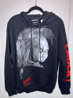 NWT Black Chucky Graphic Hoodie with Red Sleeve Text